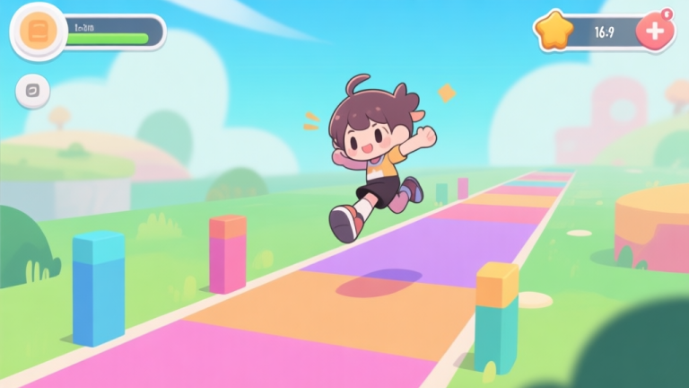 自动生成图片: A vibrant yet soft-colored mobile game screenshot showing a cute anime-style character mid-jump over obstacles on a colorful path, with simple UI elements visible, flat design style high quality illustration, detailed, 16:9