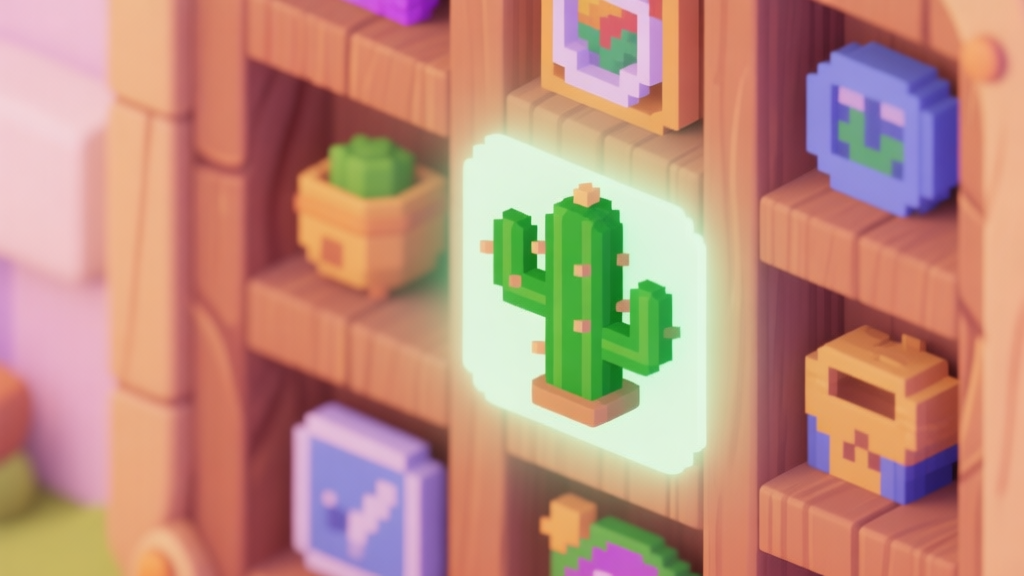 A cozy, isometric view of a game inventory screen with various pixel-art items, one of them being a green cactus-shaped clip, highlighted with a soft glow. The background is a warm, wooden panel. Soft pastel color palette. high quality illustration, detailed, 16:9