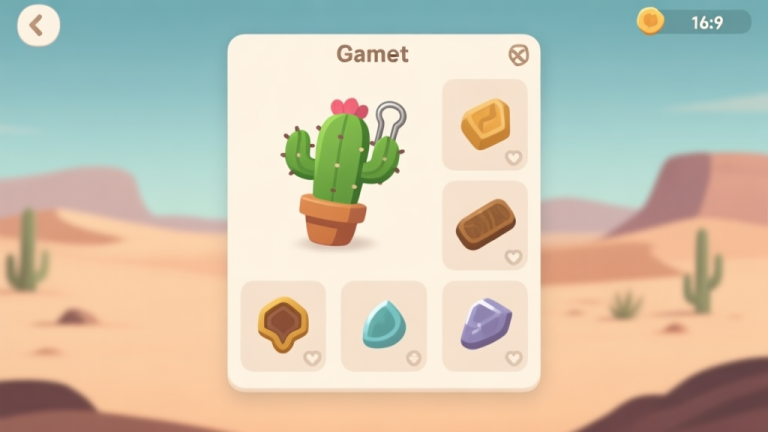 自动生成图片: A minimalist game inventory screen showing a unique cactus-shaped clip item among other common resources, soft desert color palette, clean interface design high quality illustration, detailed, 16:9