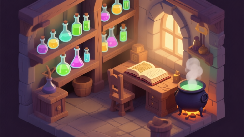 A cozy, softly lit alchemist's workshop interior in an isometric view, with shelves full of glowing potion bottles, an open ancient book on a desk, and a cauldron emitting gentle steam, in a warm and muted color palette high quality illustration, detailed, 16:9