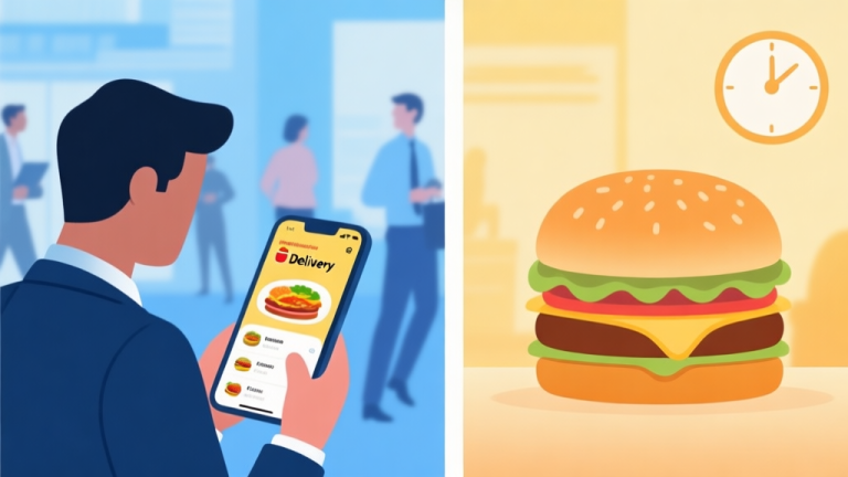 自动生成图片: A split-screen illustration showing a busy professional looking at a food delivery app on one side, and a warm, inviting burger with a clock icon subtly in the background on the other, using a soft color palette of blues and warm yellows high quality illustration, detailed, 16:9