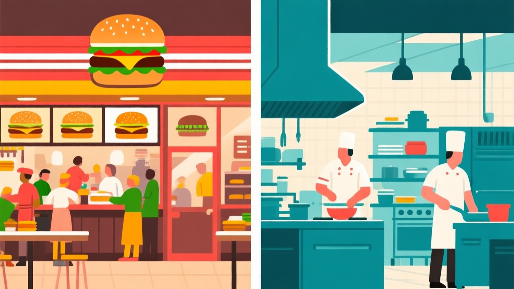 A split-view illustration showing the vibrant, busy front-of-house of a burger restaurant on one side, and the efficient, systematic kitchen operations on the other, in a flat design style with warm and cool color contrast high quality illustration, detailed, 16:9