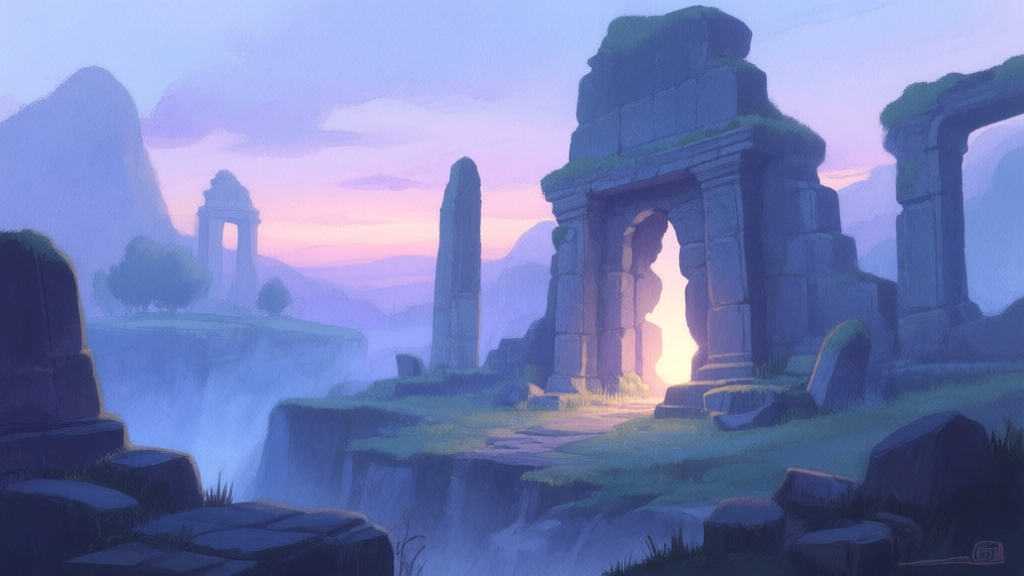 A serene, mysterious game landscape at dusk, with a soft glow emanating from a hidden crevice among ancient ruins, inviting exploration, painted in a soft watercolor style with muted blues and purples high quality illustration, detailed, 16:9