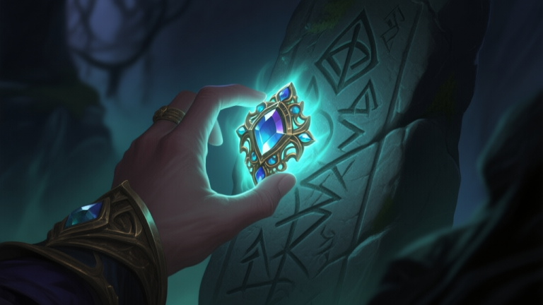 自动生成图片: A close-up of a player's hand in a dark fantasy game environment, holding a glowing, intricately designed jewel that casts ethereal light on ancient runes carved in stone, mysterious and atmospheric high quality illustration, detailed, 16:9