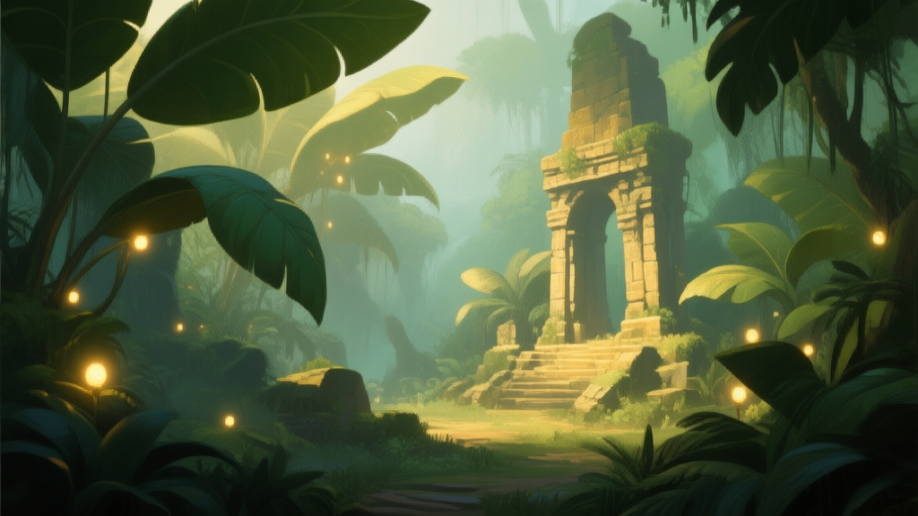 A serene, mystical jungle scene in a video game, with soft glowing lights hidden among giant leaves and ancient ruins, rendered in a painterly style with a soft color palette of greens and golds high quality illustration, detailed, 16:9