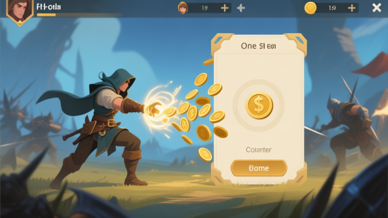 自动生成图片: Game UI screen showing a fantasy battle scene, a rogue character using a skill that creates a visual effect of coins flowing from one player's resource counter to another, minimalist style with soft gold and blue accents high quality illustration, detailed, 16:9