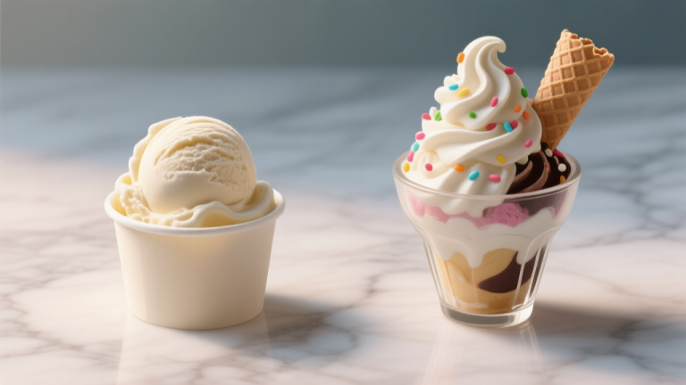 自动生成图片: Side-by-side comparison of a plain scoop of ice cream in a simple cup versus an artistically decorated sundae with swirls, sprinkles, and a wafer, on a marble background, photorealistic style, soft lighting high quality illustration, detailed, 16:9