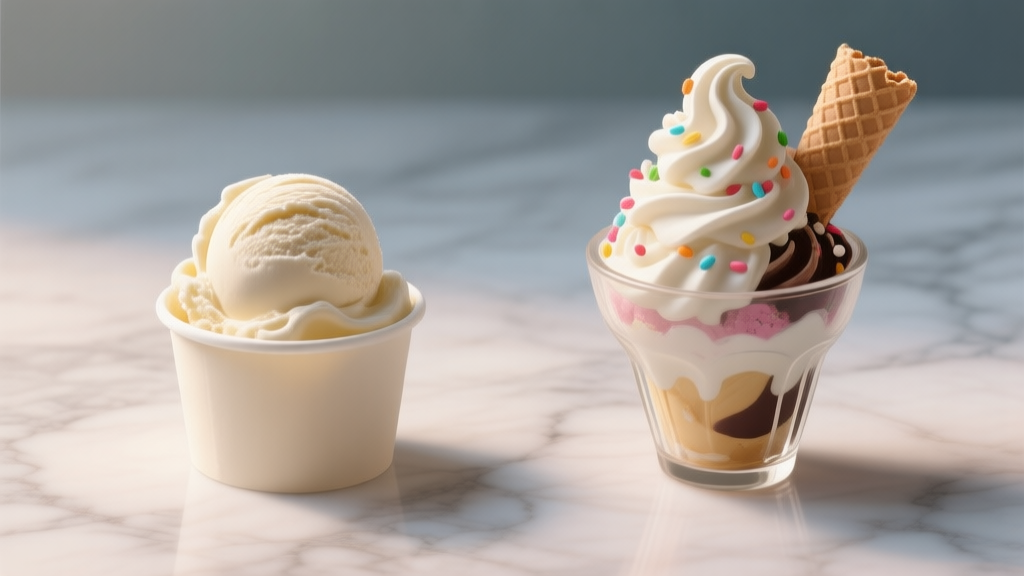 Side-by-side comparison of a plain scoop of ice cream in a simple cup versus an artistically decorated sundae with swirls, sprinkles, and a wafer, on a marble background, photorealistic style, soft lighting high quality illustration, detailed, 16:9
