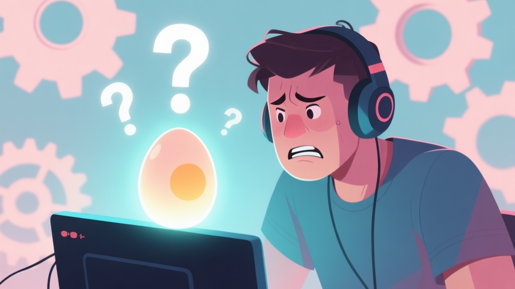 A frustrated gamer looking at a glowing egg on a screen, with question marks and gears turning in the background, soft pastel color palette, digital art style high quality illustration, detailed, 16:9