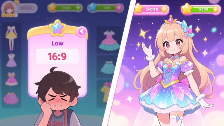 自动生成图片: A split-screen illustration showing a frustrated player looking at a low score on a magical dress-up game interface on one side, and a confident player with a high score and shining outfit on the other, in a cute anime game art style high quality illustration, detailed, 16:9
