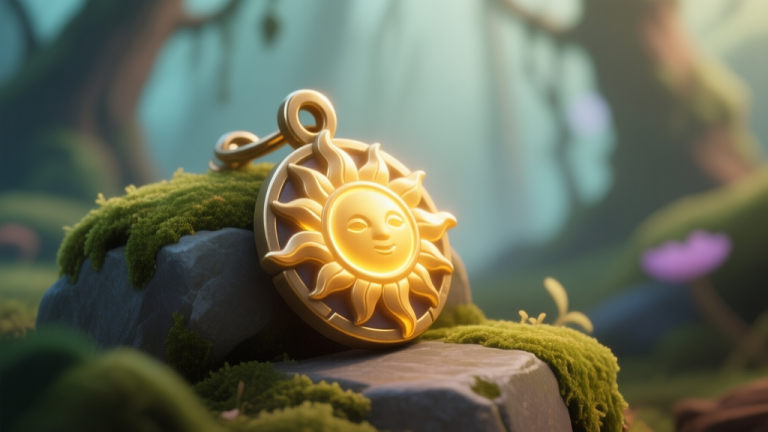 自动生成图片: A close-up of a beautifully rendered video game charm item with a sun motif, glowing with a warm golden light, resting on mossy stone in a fantasy forest, soft color palette high quality illustration, detailed, 16:9