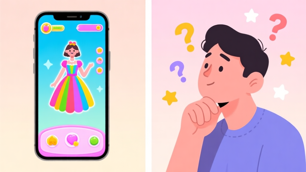 A split-screen illustration showing a smartphone on one side with a vibrant, colorful dress-up game interface, and on the other side, a thoughtful person holding their chin, with question marks and stars floating around. Soft pastel background. high quality illustration, detailed, 16:9