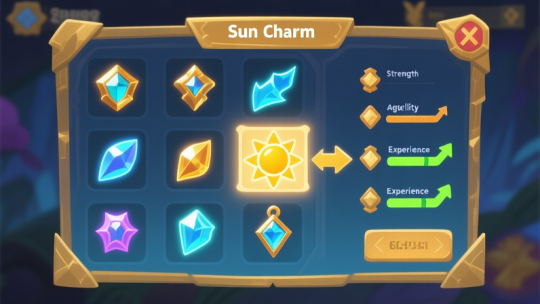 自动生成图片: A stylized game inventory screen showing various glowing charm items, one labeled "Sun Charm" is highlighted, with arrows pointing to stat icons like strength, agility, and experience bars increasing, soft gold and blue color palette high quality illustration, detailed, 16:9