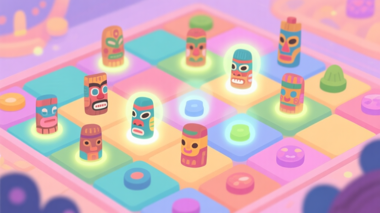 自动生成图片: A vibrant and cute game scene showing a colorful grid with various small totem pieces, some glowing with potential matches, in a flat illustration style with soft pastel colors high quality illustration, detailed, 16:9