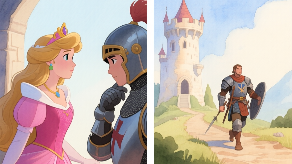 A split-screen illustration showing a knight looking thoughtfully between a classic princess in a tower and a fellow warrior companion on a journey, in a soft watercolor game art style high quality illustration, detailed, 16:9