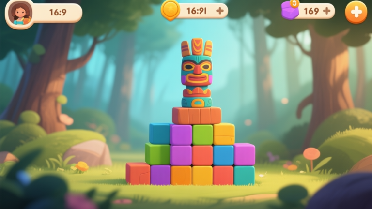自动生成图片: A vibrant and cozy mobile game screenshot showing colorful totem blocks stacked in a puzzle level, with a serene forest background, soft lighting, and a clean user interface high quality illustration, detailed, 16:9