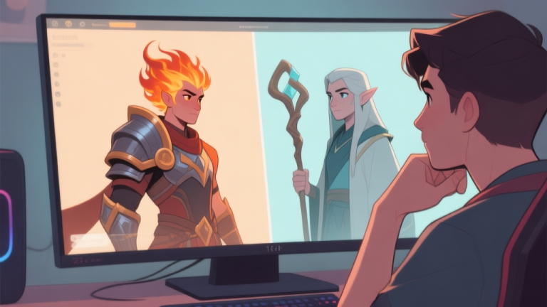 自动生成图片: A split-screen illustration showing a thoughtful player in front of a gaming monitor. On the screen, two distinct character avatars, one with fiery hair and armor, the other with calm demeanor and a staff, are looking towards the player. Soft, muted color palette with warm and cool tones representing the two choices. high quality illustration, detailed, 16:9