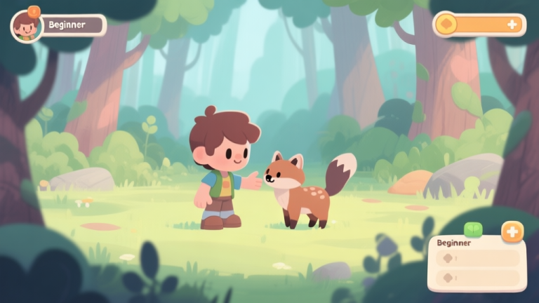 自动生成图片: A cozy, inviting game scene in a soft pastel art style, showing a beginner player character gently interacting with a cute, stylized wild animal in a lush forest clearing, with a simple, unintimidating user interface visible in the corner high quality illustration, detailed, 16:9