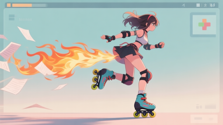 自动生成图片: Stylized illustration of a dynamic anime-style character on roller skates, leaving a trail of flaming paper behind her, set against a simple gaming UI background with soft colors high quality illustration, detailed, 16:9