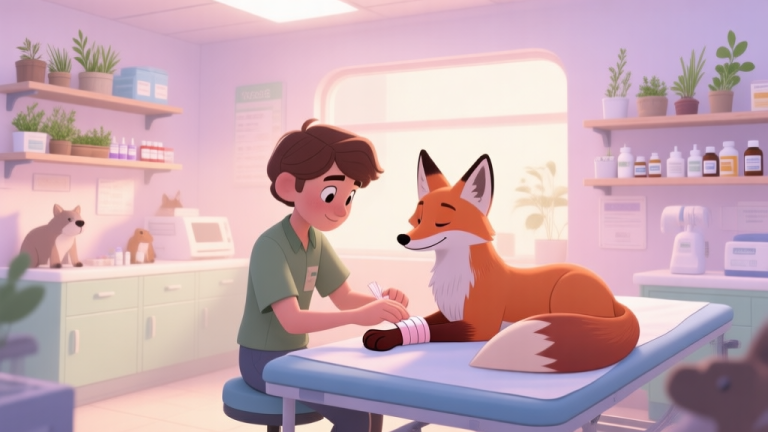 自动生成图片: A cozy, softly lit animal rescue center interior in a gentle pastel color palette, with a player character gently bandaging a fox's paw on a treatment table, shelves with herbs and medicines in the background high quality illustration, detailed, 16:9