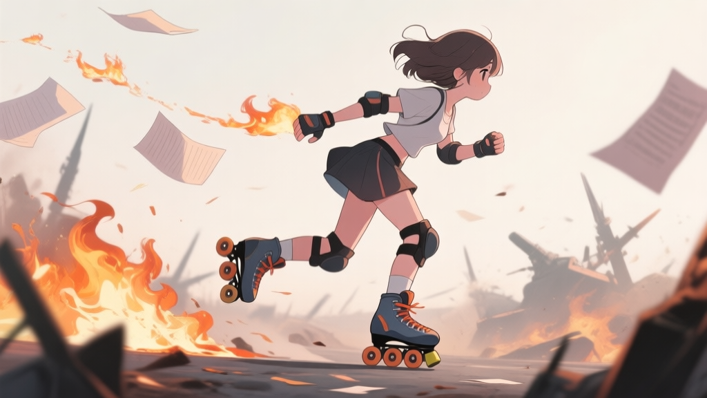 A stylized illustration of a girl with roller skates gliding through a dynamic battlefield, leaving trails of burning paper behind her, anime-inspired art style, soft color palette with fiery accents, clean lines high quality illustration, detailed, 16:9