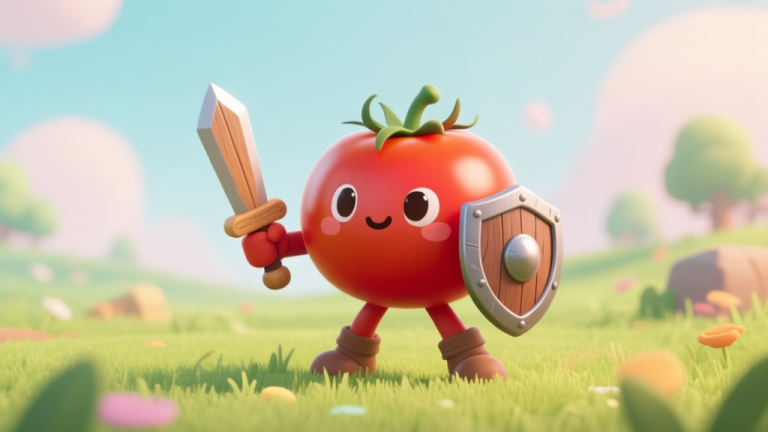 自动生成图片: Cute cartoon tomato character in a brave pose, holding a small shield and a wooden sword, standing confidently in a vibrant game-like grassy field, soft pastel color palette high quality illustration, detailed, 16:9