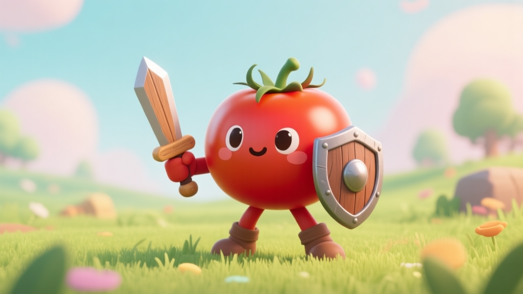 Cute cartoon tomato character in a brave pose, holding a small shield and a wooden sword, standing confidently in a vibrant game-like grassy field, soft pastel color palette high quality illustration, detailed, 16:9