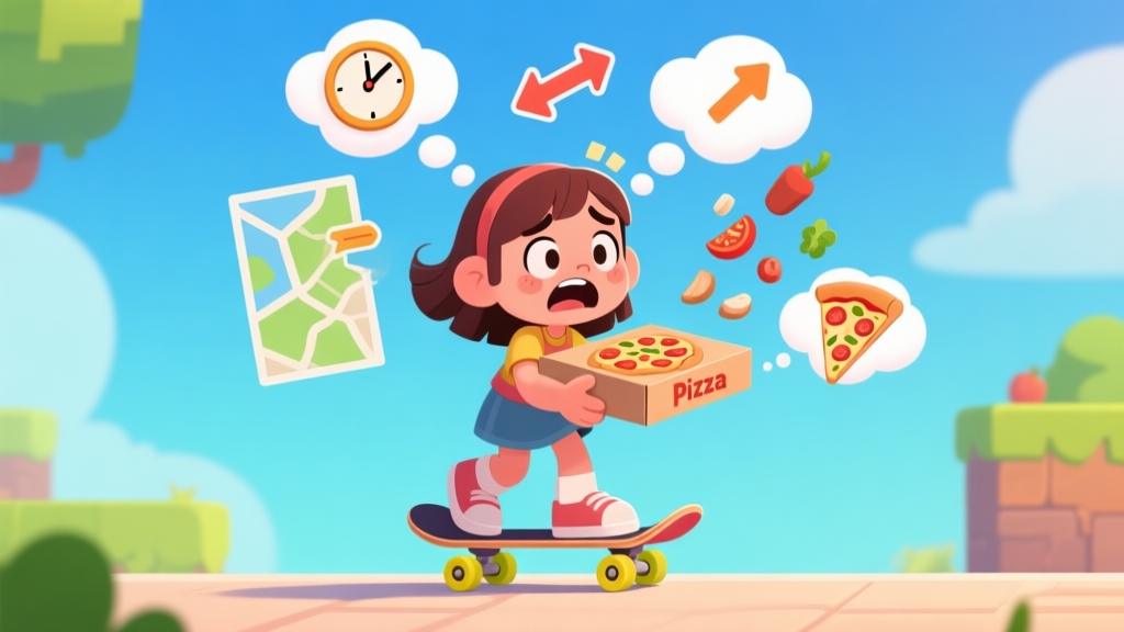 A cheerful cartoon girl on a skateboard holding a pizza box, looking slightly overwhelmed with multiple thought bubbles showing clocks, map arrows, and falling ingredients, in a bright and friendly 2D game art style high quality illustration, detailed, 16:9
