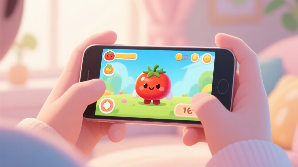 A cozy, inviting scene of a smartphone held in hands, displaying a vibrant and cute game interface with a brave tomato character on screen, soft natural lighting, pastel color palette, illustration style high quality illustration, detailed, 16:9