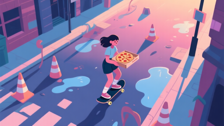 自动生成图片: A stylized, top-down view of a vibrant but slightly chaotic city street at dusk, with a skater girl figure holding a pizza box, navigating around abstract obstacles like cones and puddles, soft pastel color palette, flat design with gentle shadows high quality illustration, detailed, 16:9