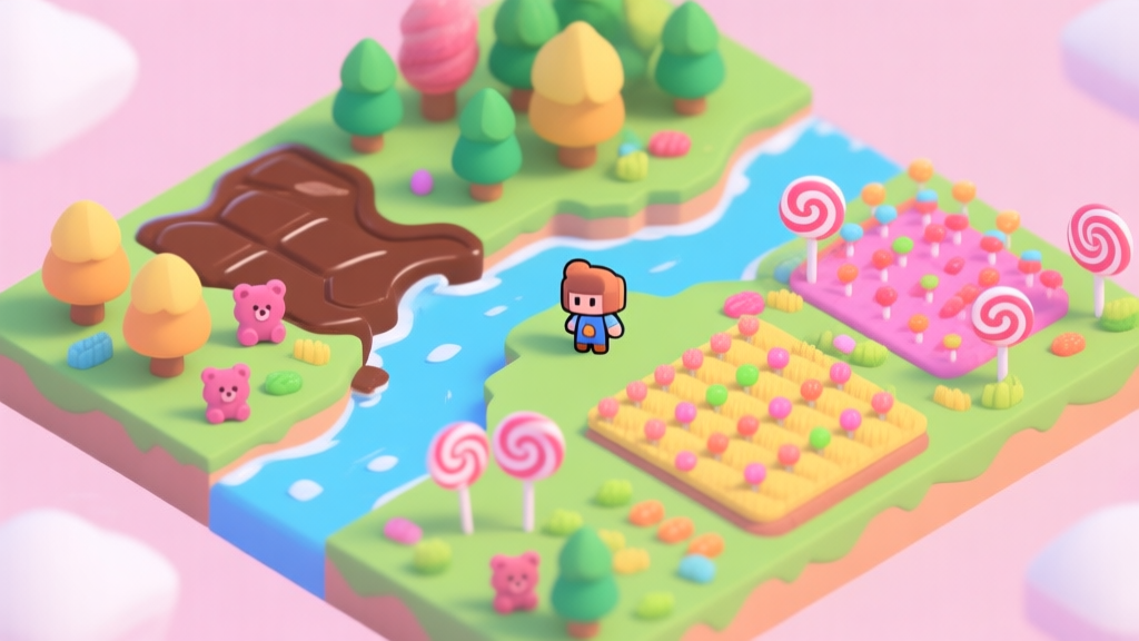 An isometric map view of a vibrant, candy-themed video game landscape, showing distinct colorful zones like a chocolate river, gummy bear forest, and lollipop fields, with a small character icon in the center, soft pastel color palette high quality illustration, detailed, 16:9