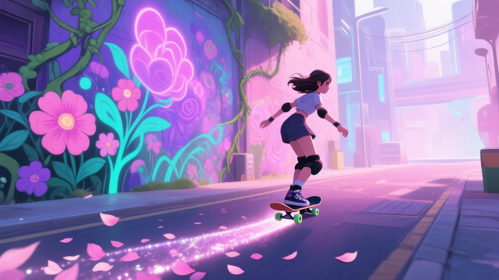 A stylized game scene of a skater girl gliding through a vibrant, slightly futuristic city street. Lush, psychedelic flowers and vines are painted as glowing murals on the walls, and her skate trail leaves a shimmering path of petals and light. Soft, dreamy color palette with pinks, purples, and teals. high quality illustration, detailed, 16:9