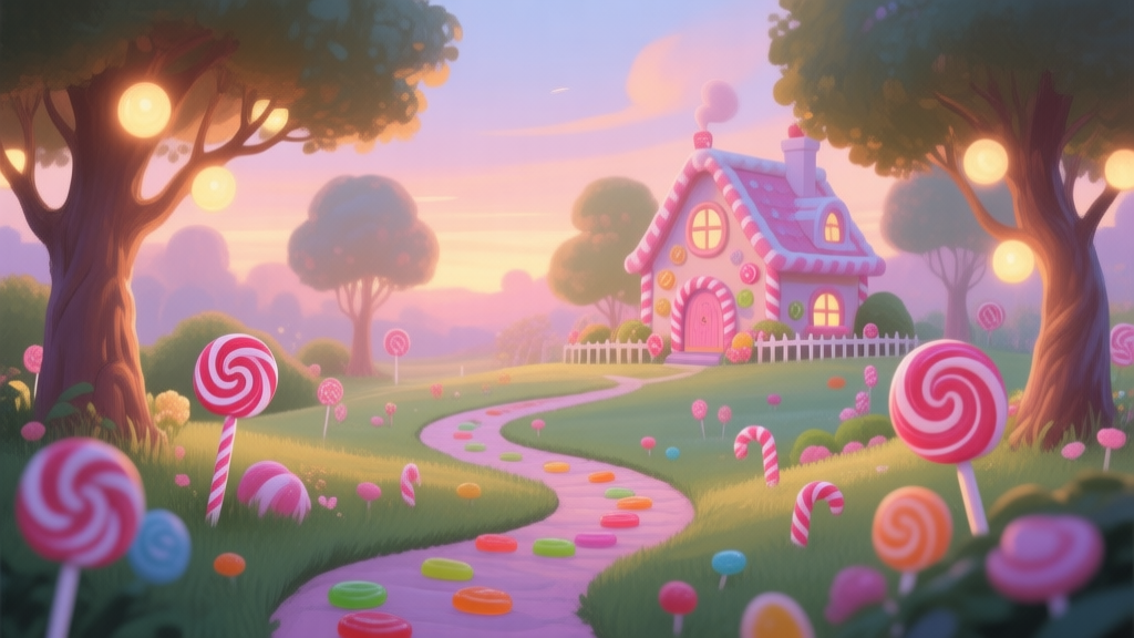 A cozy, inviting scene of a Candyland-style garden at dusk, with soft glowing lollipop trees, a winding gummy path, and a charming candy house in the background, rendered in a warm, painterly style with soft pastel colors high quality illustration, detailed, 16:9