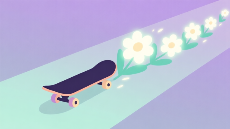 自动生成图片: A stylized, minimalist illustration of a skateboard with glowing flowers trailing behind it on a simple path, soft pastel colors like lavender and mint green, flat design style high quality illustration, detailed, 16:9