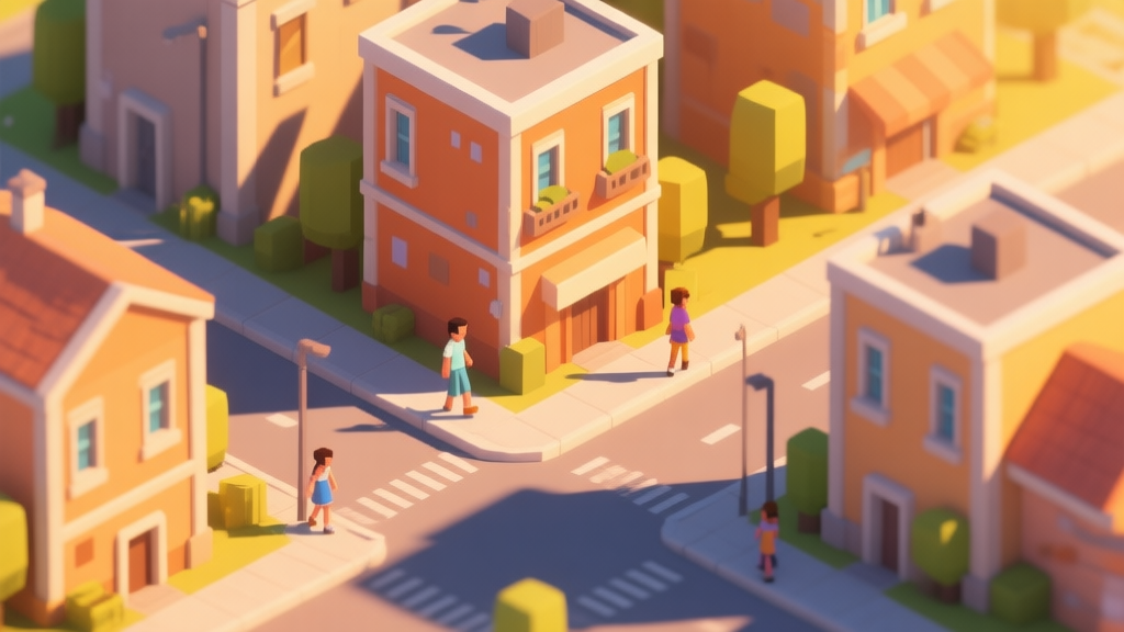 A serene, isometric view of a sun-drenched virtual city neighborhood in late afternoon, soft shadows from buildings, warm color palette of oranges and yellows, a few digital citizens strolling, evoking a feeling of a perfect summer day in a game world high quality illustration, detailed, 16:9