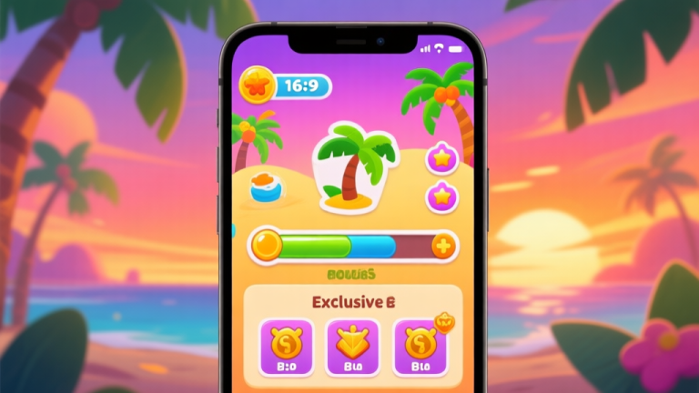 自动生成图片: Vibrant and inviting summer event game interface overlay on a mobile screen, showing tropical icons, a progress bar, and exclusive reward previews, in a lively cartoon style with a sunset color palette high quality illustration, detailed, 16:9