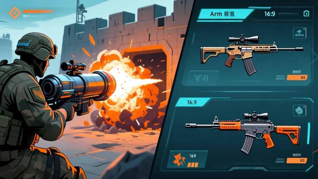 A dynamic split-screen game scene. Left side shows a soldier firing a massive, futuristic rocket launcher with a fiery trail, exploding against a fortified bunker. Right side shows a comparative view of other weapons like a precision sniper rifle and an automatic rifle in a sleek armory interface, with subtle damage stat overlays. Cool-toned color scheme with highlights of orange from explosions. high quality illustration, detailed, 16:9