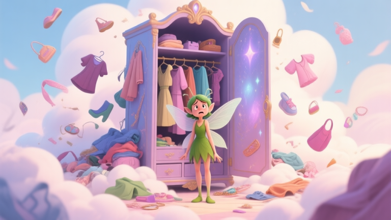 自动生成图片: A confused fairy character standing in front of a huge, overflowing magical wardrobe, with clothes and accessories floating around in a messy cloud, soft pastel color palette high quality illustration, detailed, 16:9