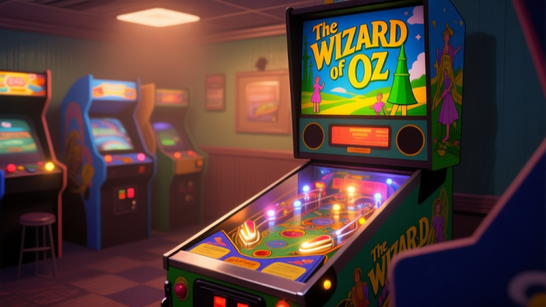 自动生成图片: A nostalgic scene of a dimly lit 1990s arcade corner, focusing on a vibrant 'The Wizard of Oz' themed pinball machine with glowing lights, viewed from a player's perspective, soft warm color palette high quality illustration, detailed, 16:9