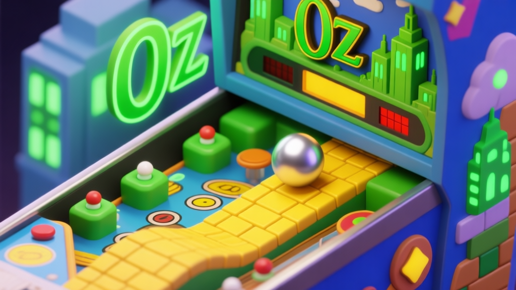 A vibrant, isometric view of a fantastical pinball machine titled "Oz", with glowing emerald city bumpers, a yellow brick road ramp, and a silver ball in motion, cartoonish and inviting style high quality illustration, detailed, 16:9