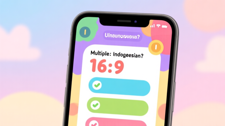 自动生成图片: A smartphone screen showing a colorful quiz interface with a multiple-choice question in Indonesian, a timer counting down, and soft, inviting pastel colors in the background high quality illustration, detailed, 16:9
