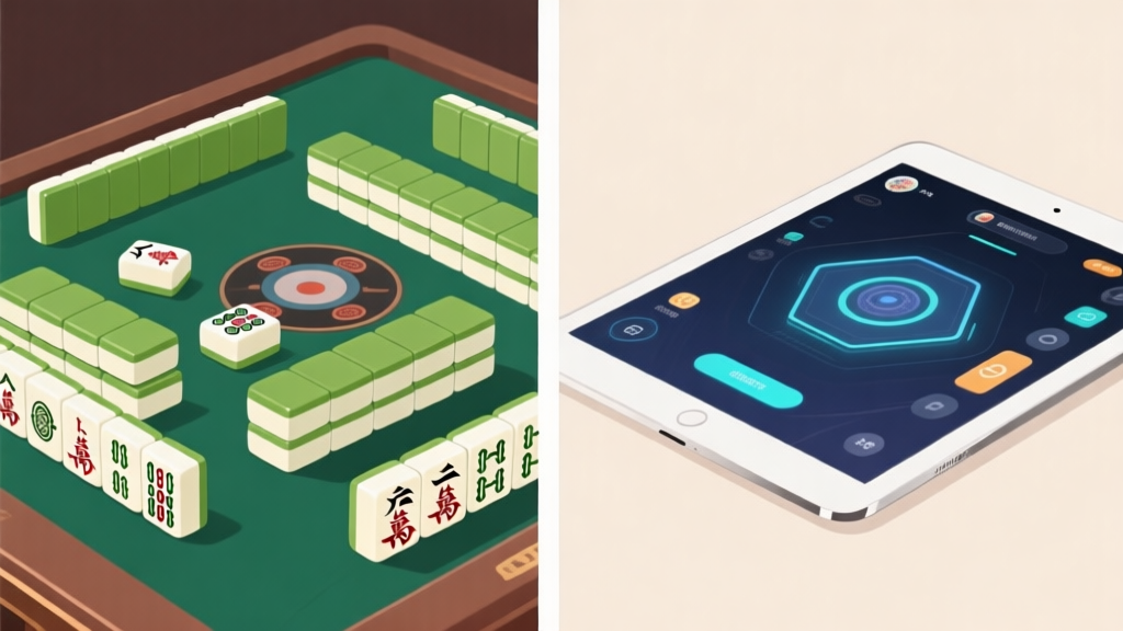 A split-screen illustration showing a traditional mahjong tile set on one side and a sleek, modern digital game interface on a tablet on the other, with a soft, neutral background high quality illustration, detailed, 16:9