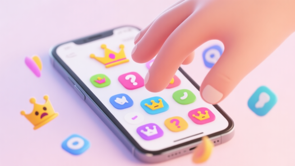 A smartphone screen showing multiple colorful prom queen quiz app icons scattered on a soft pastel background, with a hesitant hand hovering above them high quality illustration, detailed, 16:9