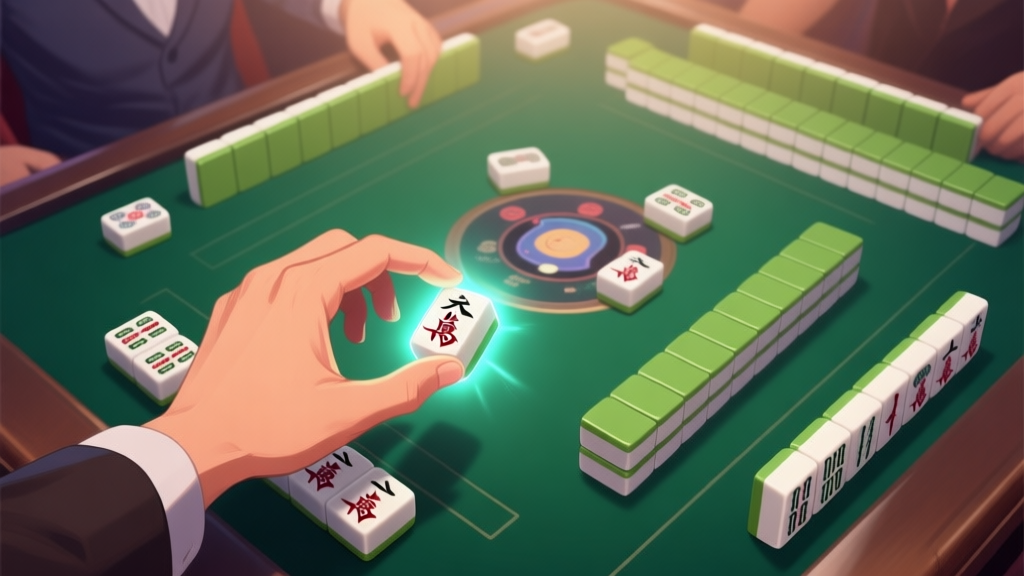 A top-down view of a competitive online mahjong table, showing a player's hand one tile away from winning, with a glowing tile about to be discarded, creating a moment of high tension. Soft lighting, focused on the tiles. high quality illustration, detailed, 16:9