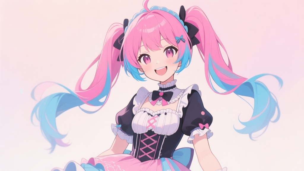 A stylized, friendly female character with vibrant pink and blue hair in twin tails, wearing a fashionable lolita-style dress, smiling warmly against a soft pastel background, anime-inspired character design high quality illustration, detailed, 16:9
