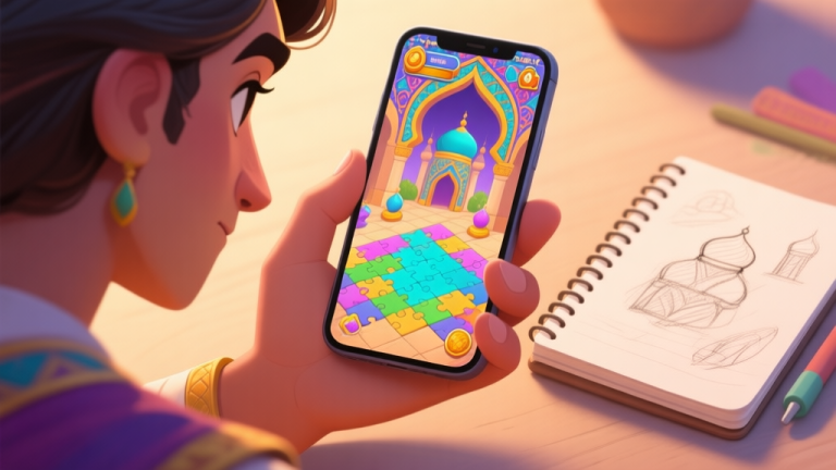 自动生成图片: A player's hand holding a mobile phone showing a colorful and intricate puzzle scene from an Arabian-themed game, with a thoughtful expression, soft lighting, and a notebook with sketches next to it high quality illustration, detailed, 16:9