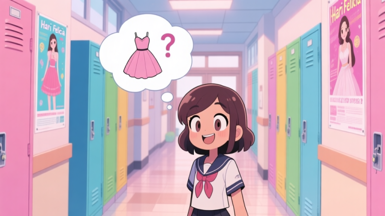 自动生成图片: A cheerful anime-style character, Hari Felicia, standing in a vibrant high school hallway, surrounded by colorful lockers and prom posters, with a thought bubble showing a dress and a quiz question mark, soft pastel color palette high quality illustration, detailed, 16:9