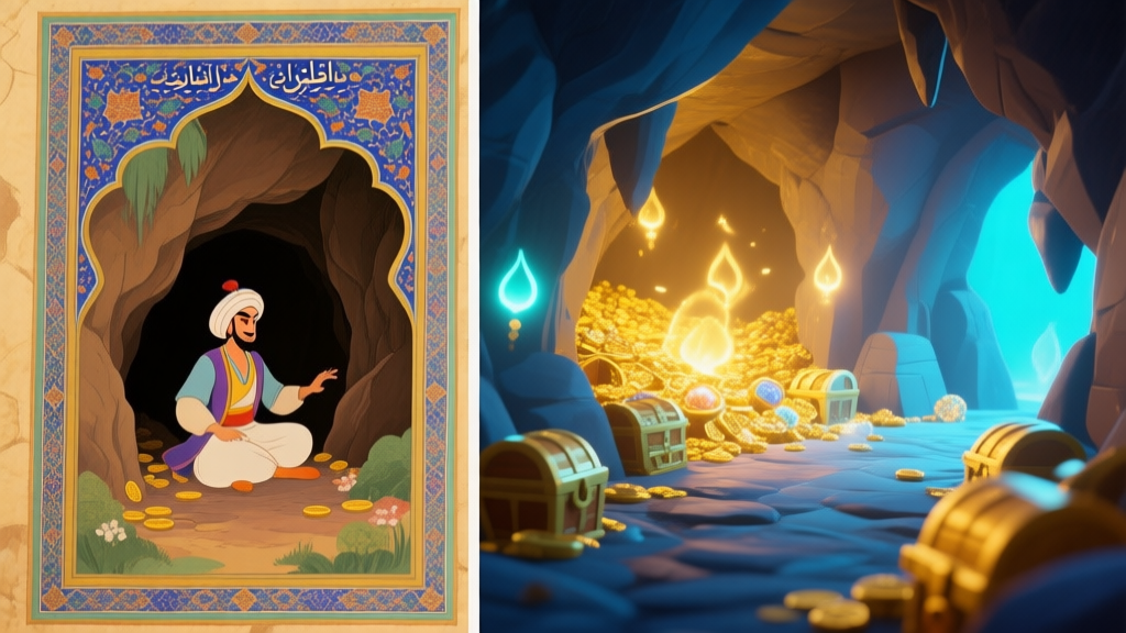 Split-screen illustration showing a classic Persian miniature painting of Alibaba's cave on one side, and a modern 3D video game scene of a treasure-filled cavern with magical glow on the other, soft golden and blue color scheme high quality illustration, detailed, 16:9
