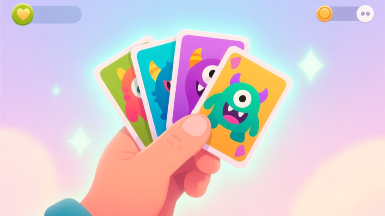 自动生成图片: A welcoming and friendly game interface illustration showing a hand holding stylized, colorful monster cards against a soft pastel background, with subtle glowing effects high quality illustration, detailed, 16:9