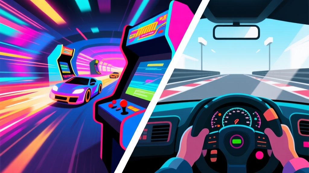 A split-screen image showing a vibrant, high-speed arcade racing scene on one side with neon colors, and a more minimalist, modern simulation racing dashboard on the other, representing the clash of styles in the current racing genre high quality illustration, detailed, 16:9